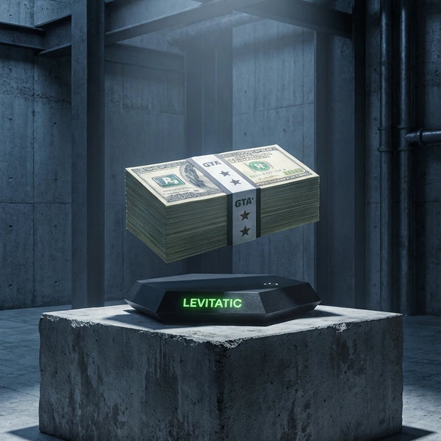 Stack of money levitating above a platform with 'Levitative' text in a dark industrial setting.