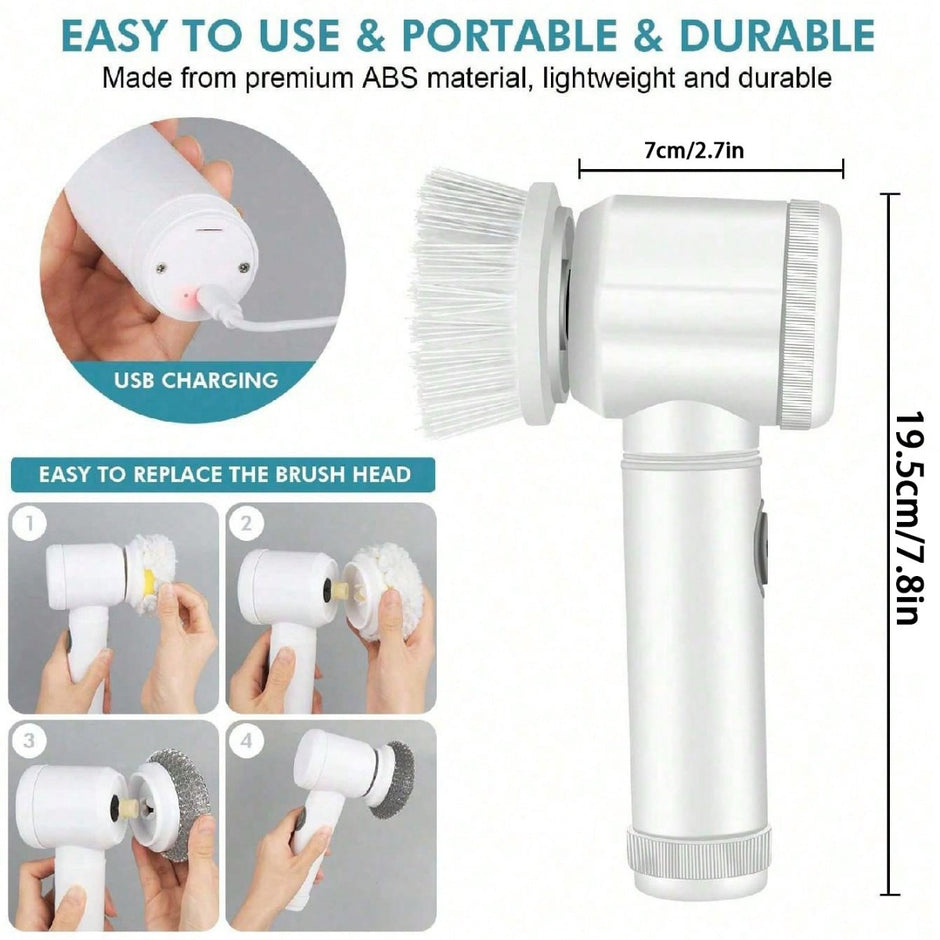 White handheld cleaning brush with USB charging feature, dimensions, and assembly instructions on a white background.