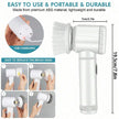 White handheld cleaning brush with USB charging feature, dimensions, and assembly instructions on a white background.