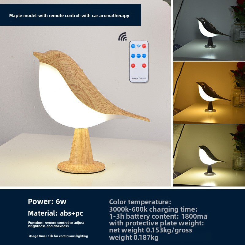 Bird-shaped lamp with remote control and car aromatherapy feature, shown with specifications.