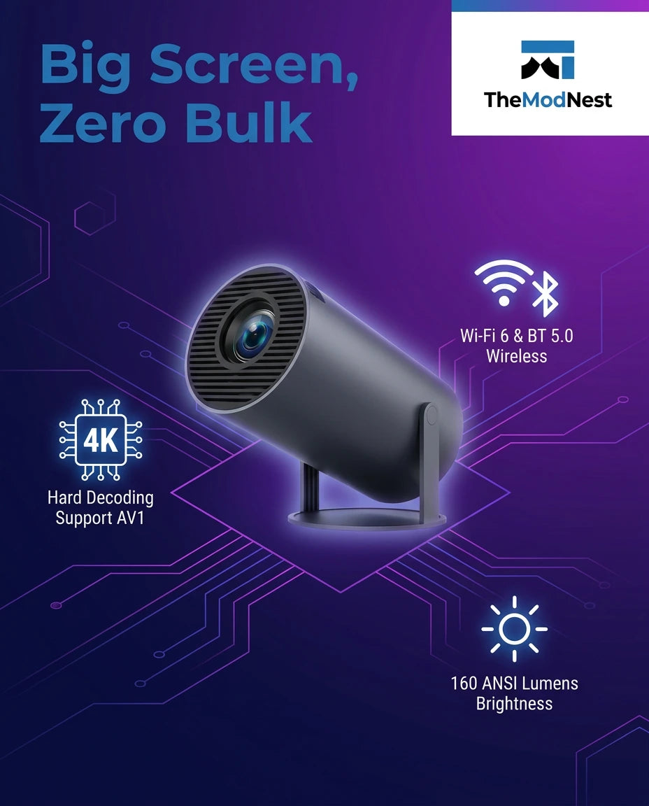 A modern wireless camera next to a large screen, showcasing its lightweight design and high-tech features.