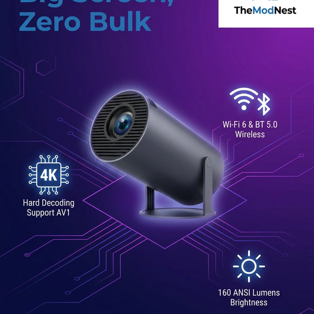 A modern wireless camera next to a large screen, showcasing its lightweight design and high-tech features.