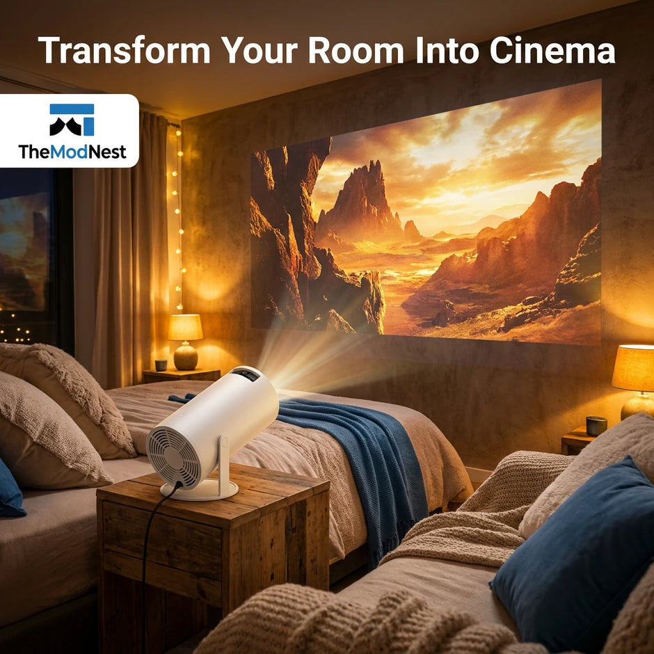 A modern bedroom with a neatly made bed and a projector, ideal for movie nights or presentations.