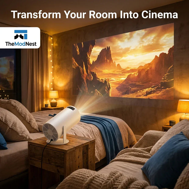 Compact home theater projector displaying cinematic landscape on bedroom wall, creating cozy movie night ambiance