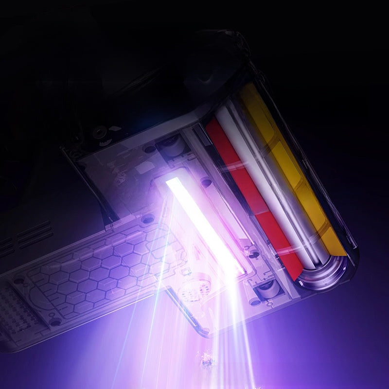 Close-up of a glowing object with colorful labels on a dark background