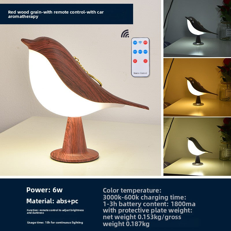 Wooden bird-shaped lamp with remote control and car aromatherapy feature, shown in various settings.