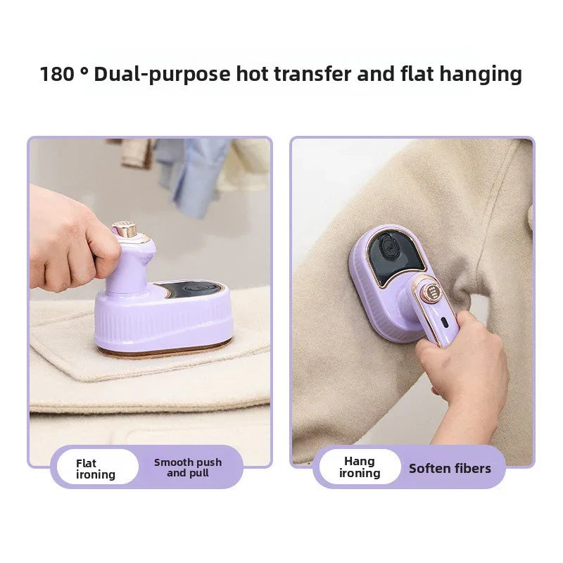 Purple iron being used for flat ironing and hanging ironing on fabric.
