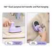 Purple iron being used for flat ironing and hanging ironing on fabric.