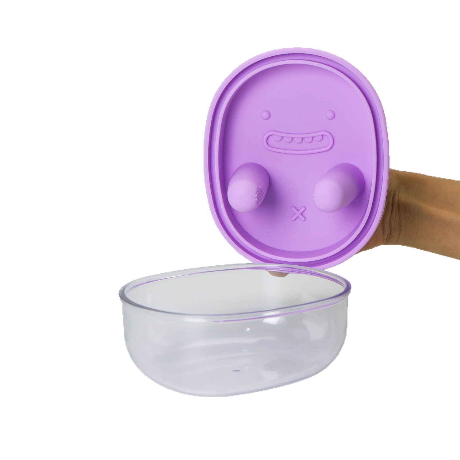 Clear container with a purple lid featuring a smiley face design on a white background