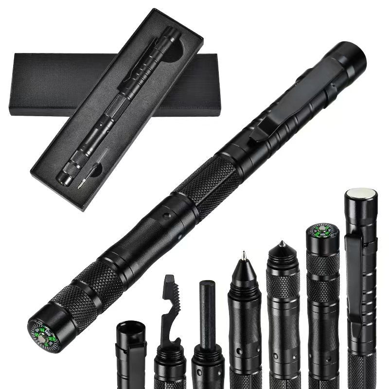Black tactical pen with multiple components on a white background