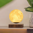 Moon-shaped lamp on a wooden base with a plant in the background