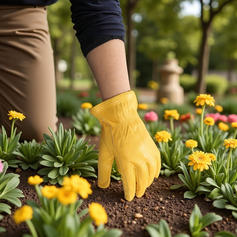 Person wearing a yellow gardening glove in a garden with flowers and plants.
