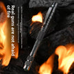 Black tactical pen with flames and text on a dark background