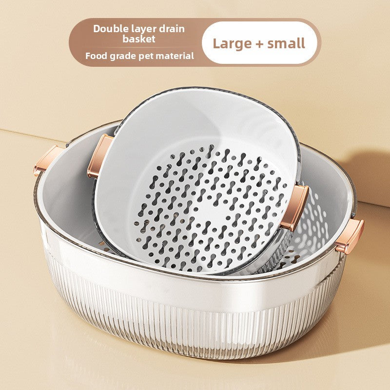 Double layer drain basket with large and small compartments on a beige background