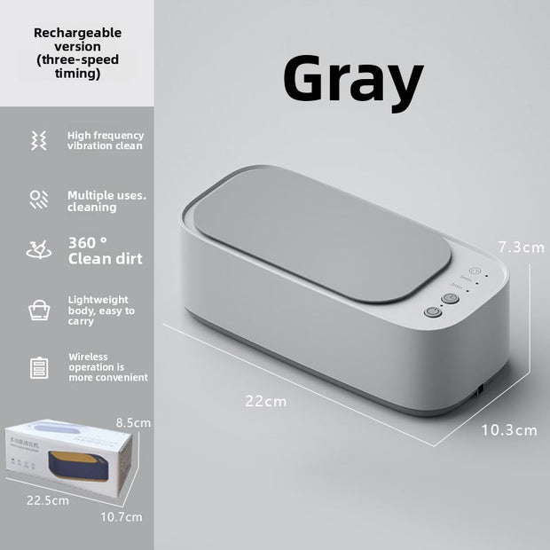 Gray cleaning device with features and dimensions on a gray background