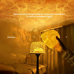 Lamp with a yellow light shade being held by a hand, with text on a warm-toned background.