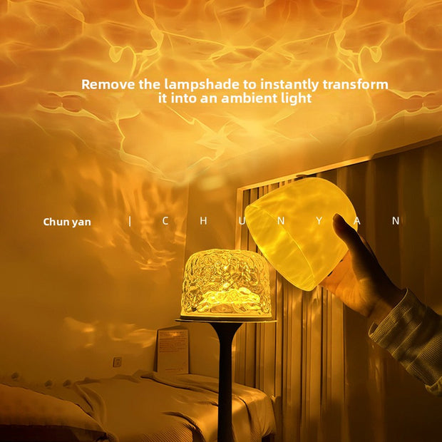 Lamp with a yellow light shade being held by a hand, with text on a warm-toned background.