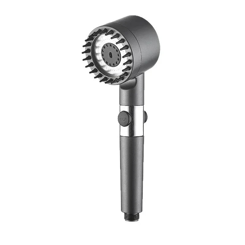 Handheld shower head with adjustable nozzles on a white background