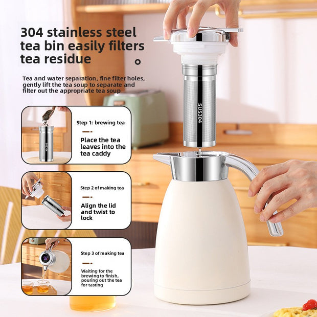 Tea-making device with step-by-step instructions on a kitchen counter