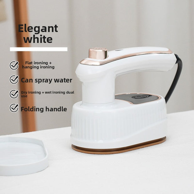 White iron with rose gold accents on a white surface, featuring text describing its features.