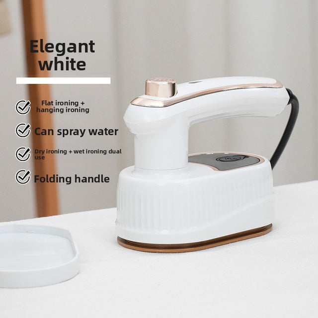 White iron with rose gold accents on a white surface, featuring text describing its features.