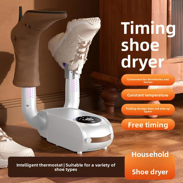 Timing shoe dryer with a shoe on it, placed indoors.