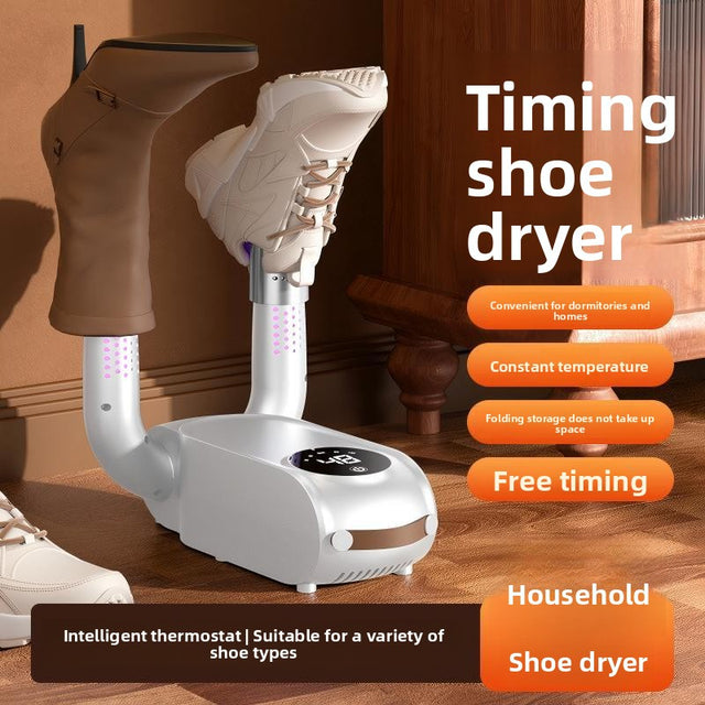 Timing shoe dryer with a shoe on it, placed indoors.