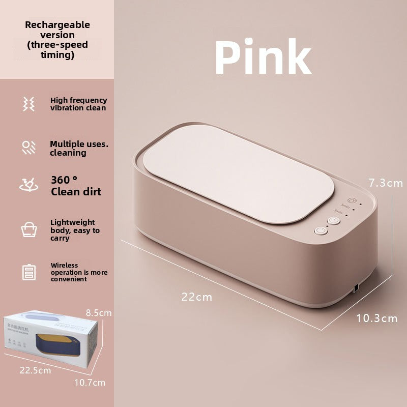 Pink cleaning device with features and dimensions on a beige background