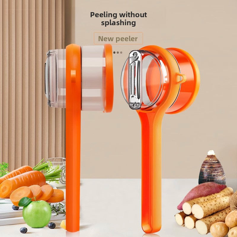 Orange vegetable peeler with a clear handle on a table with vegetables and a beige curtain background.