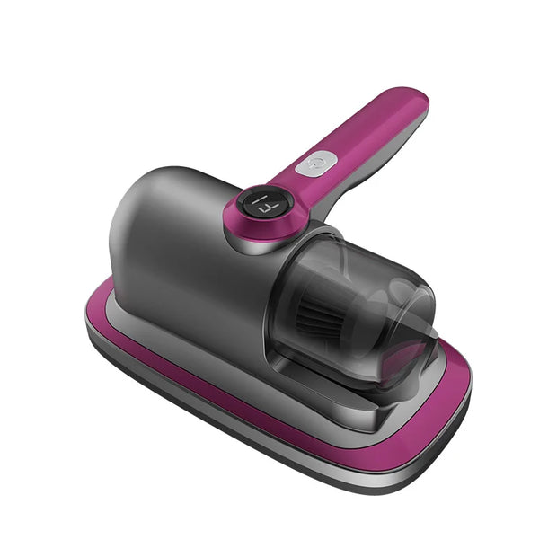 A vacuum cleaner with a distinctive pink handle and a sleek black design, ideal for home cleaning tasks