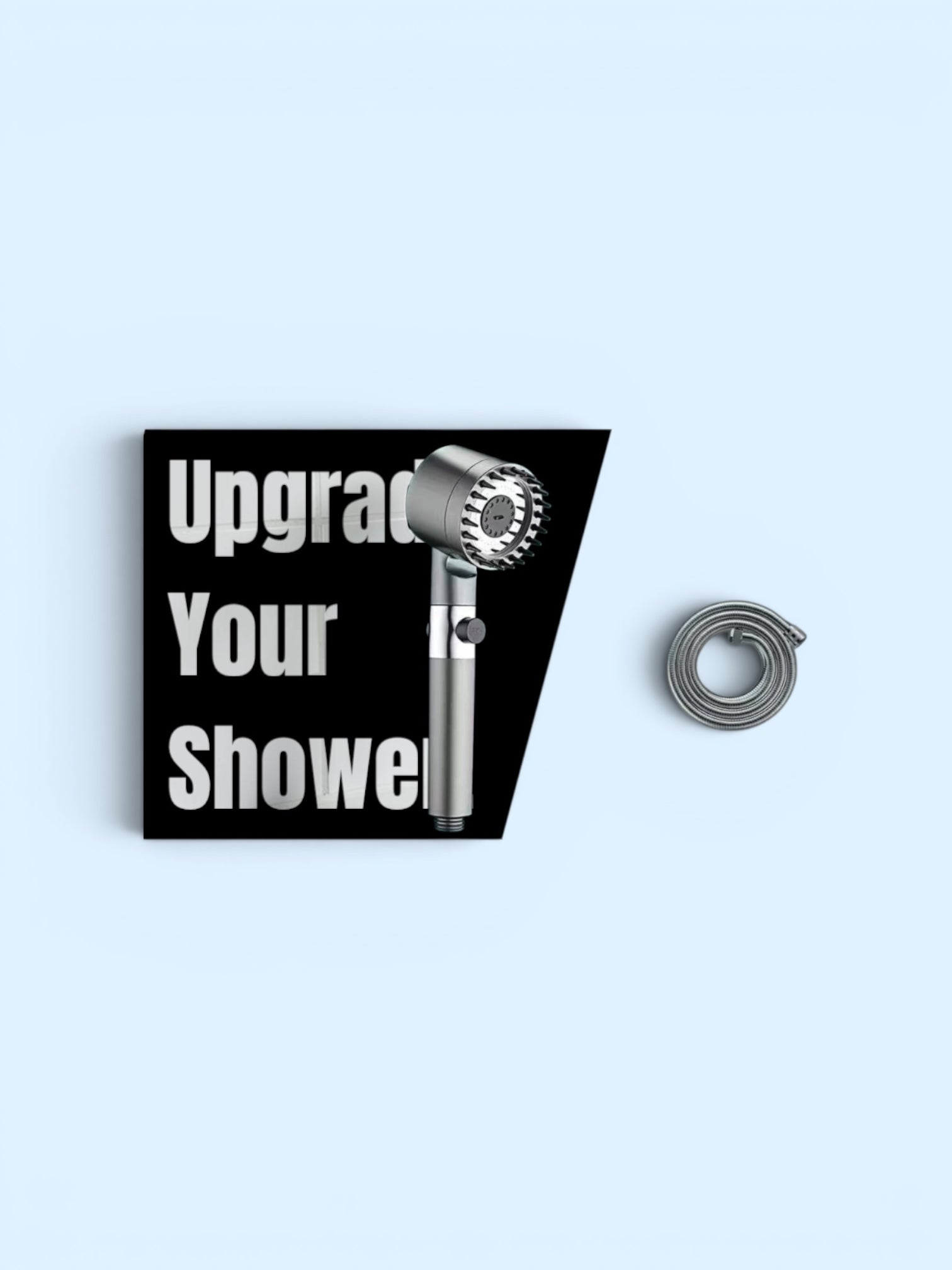 Shower head with a spring on a light blue background, featuring text 'Upgrade Your Shower'.