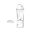 A white blender with a lid and a cup, positioned on a countertop, ready for food preparation.