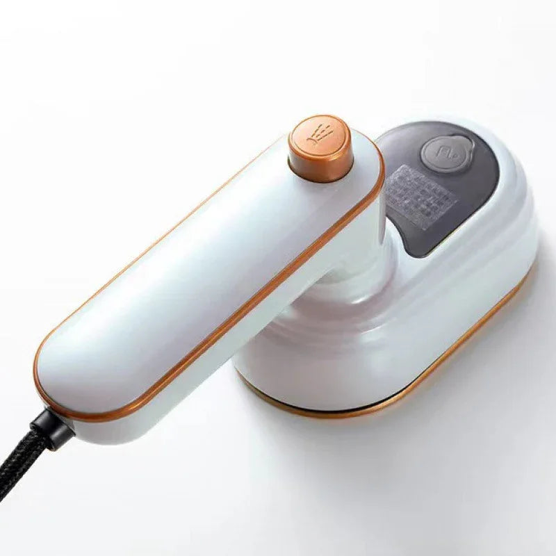 White handheld device with gold accents on a white background