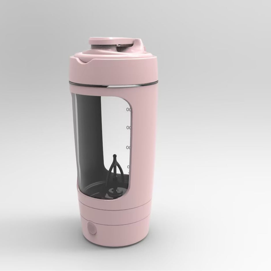 Pink portable coffee maker on a light gray background
