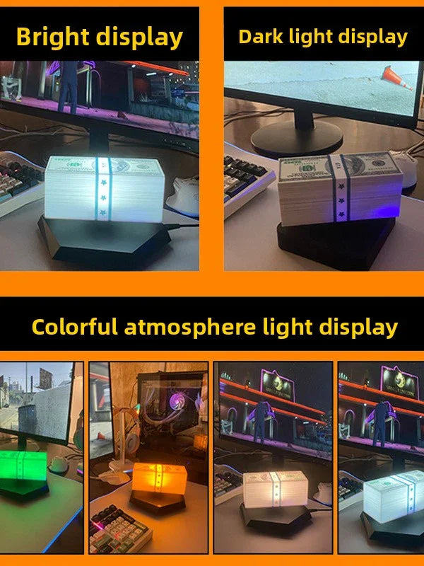 Colorful LED money stack lamp with bright, dark, and ambient light modes for desk or gaming setup