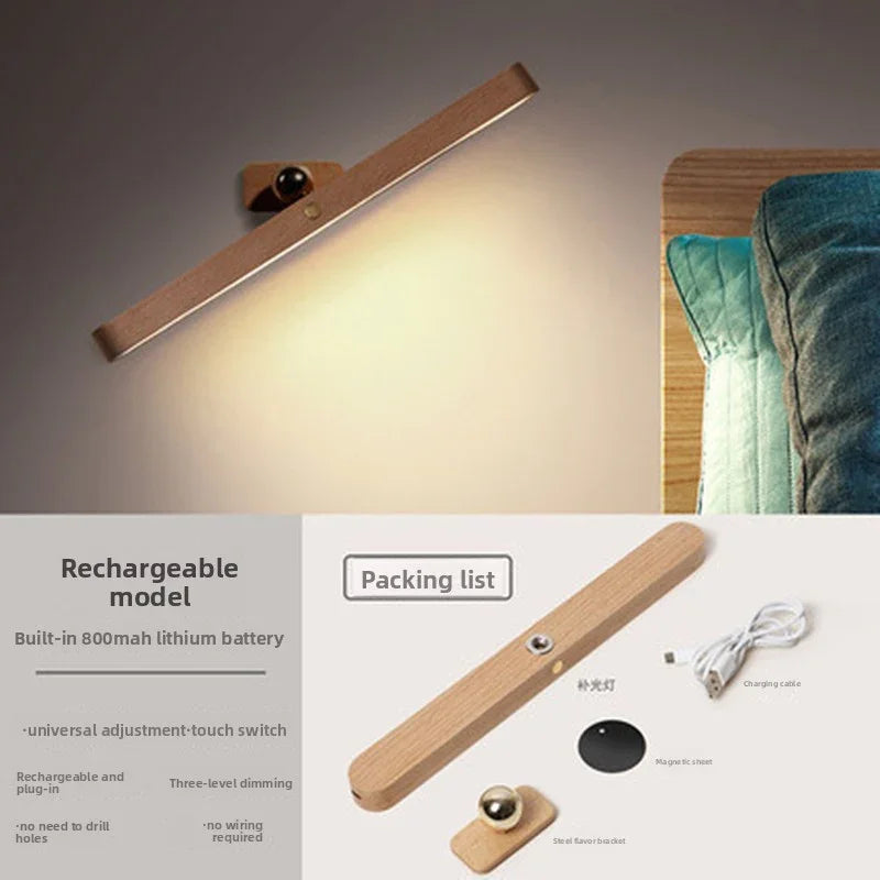 Wooden wall lamp with packaging list on a gray background
