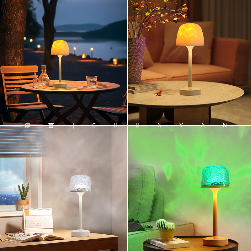 Collage of table lamps in various settings including outdoor, indoor living room, office, and bedroom.
