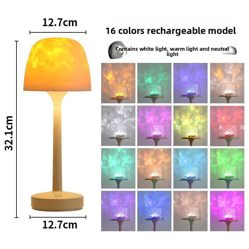 16-color rechargeable lamp with dimensions and color options displayed.