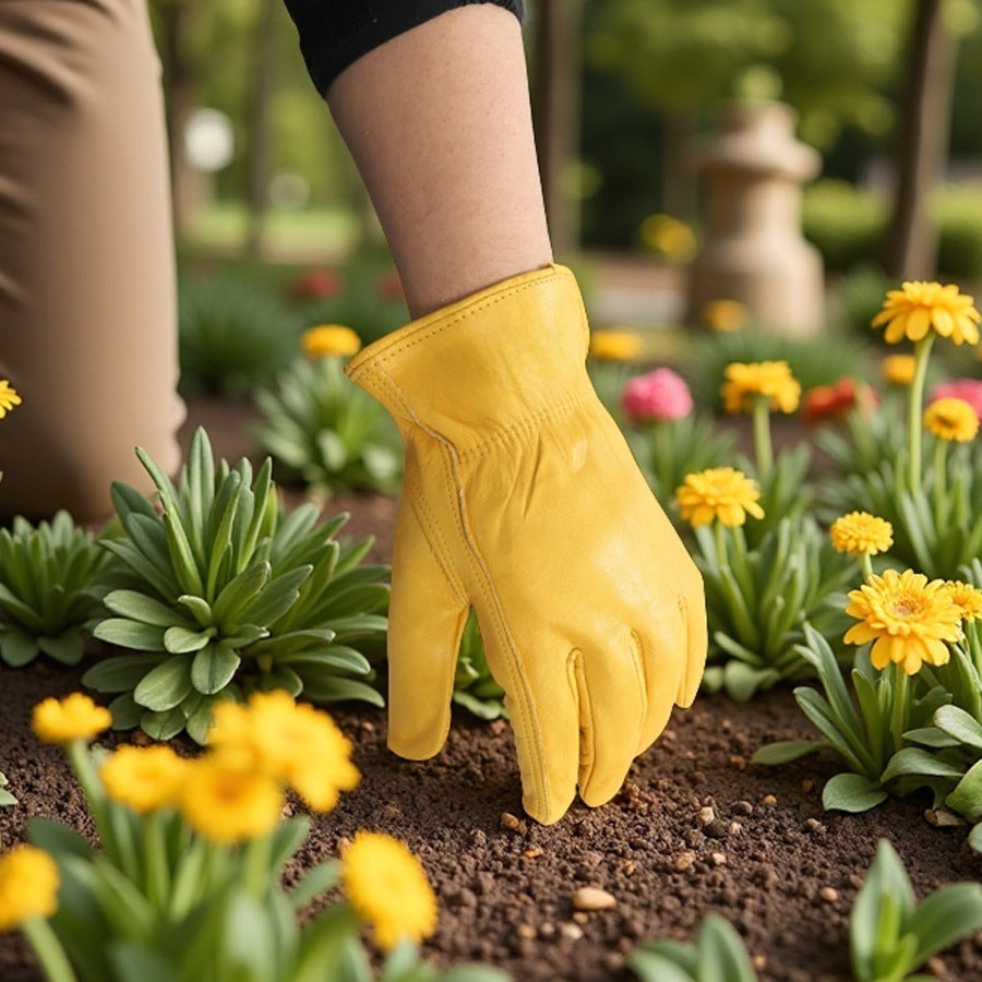 Person wearing a yellow gardening glove planting flowers in a garden.