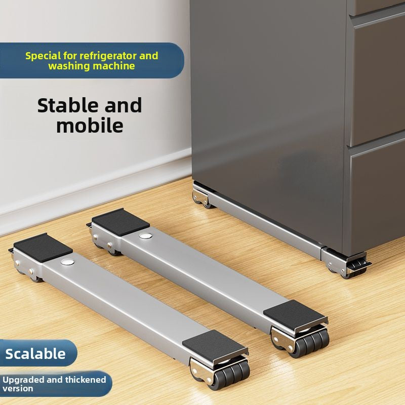 Metal leveling legs for refrigerator and washing machine on a wooden floor with text highlighting features.