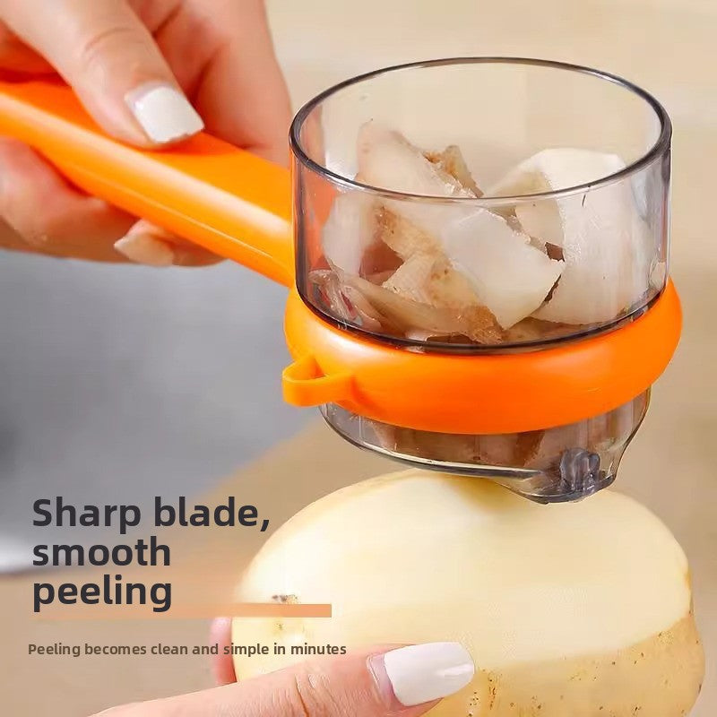 Orange peeler being used on a potato with text 'Sharp blade, smooth peeling' on a neutral background.