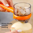 Orange peeler being used on a potato with text 'Sharp blade, smooth peeling' on a neutral background.