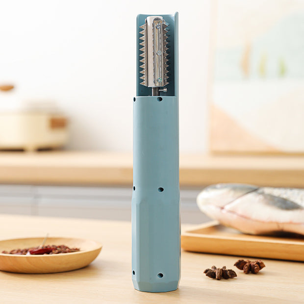 Light blue vegetable peeler on a wooden surface with blurred background