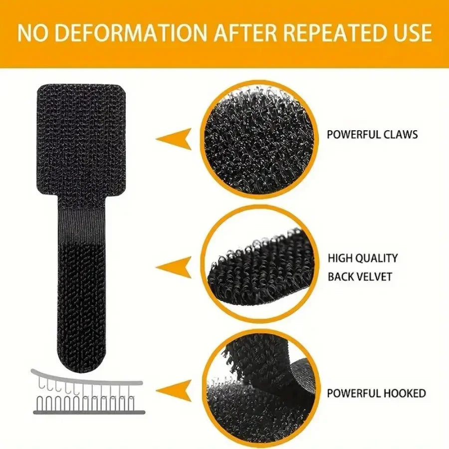 Black adhesive strip with text highlighting features like 'Powerful Claws', 'High Quality Back Velvety', and 'Powerful Hooked' on a yellow background.
