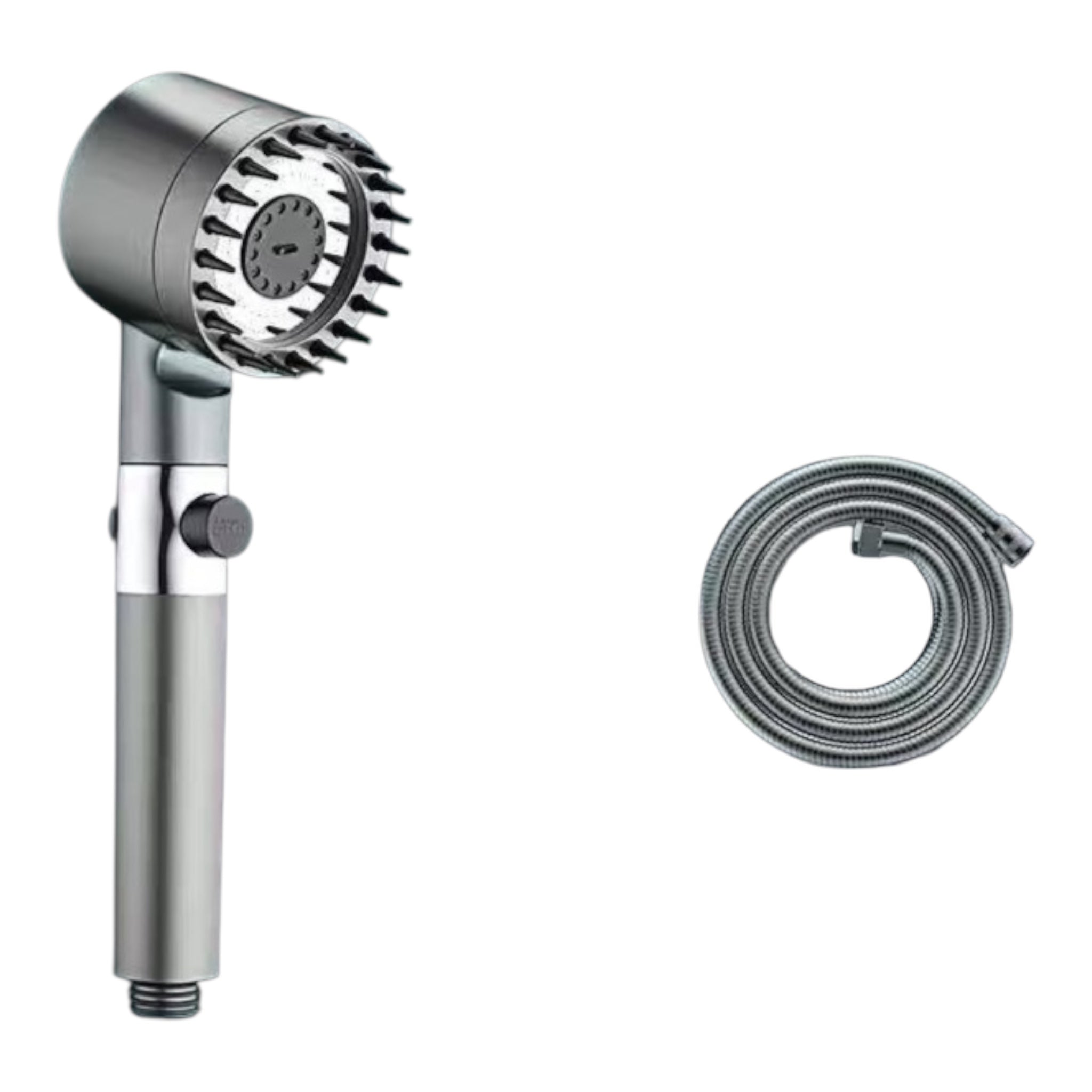 Handheld shower head with flexible hose on a white background