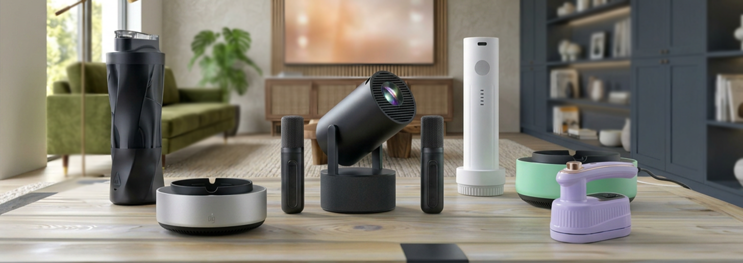 Collection of smart home devices on a wooden surface with a modern living room in the background.