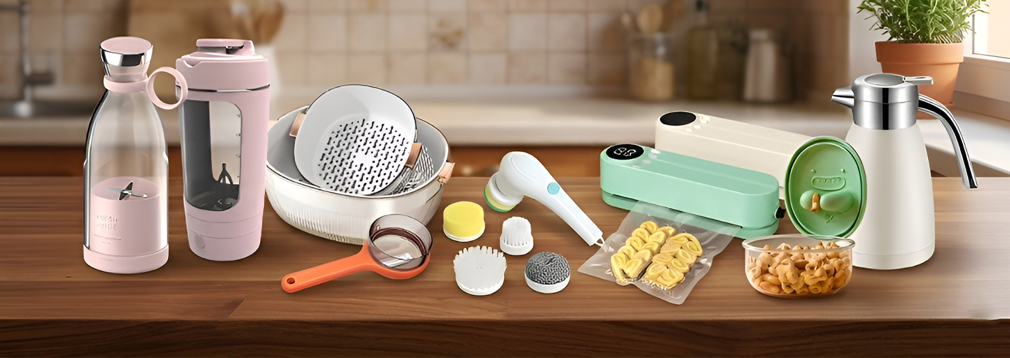 Collection of kitchen utensils and appliances on a wooden countertop.
