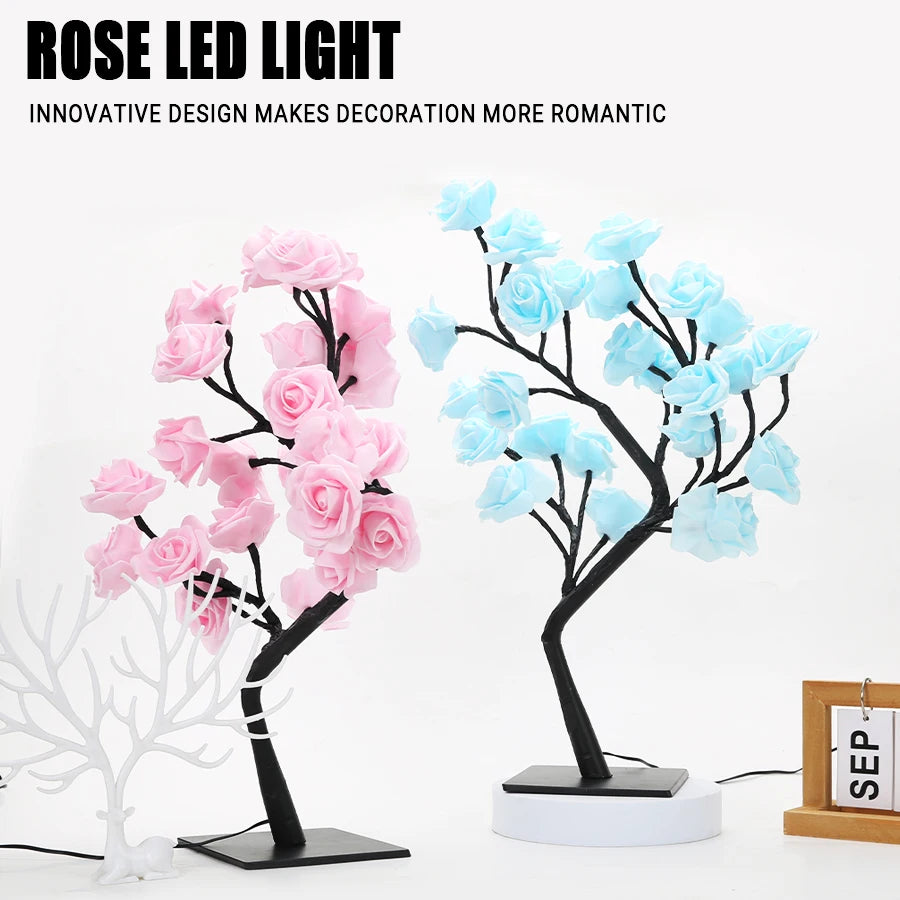 Two LED light trees, one pink and one blue, on a white background with text about their design.
