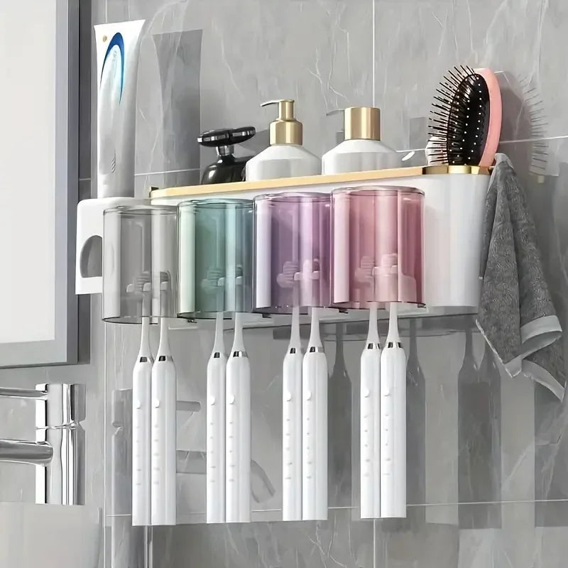 Bathroom shelf with toothbrushes, bottles, and a hairbrush on a tiled wall.
