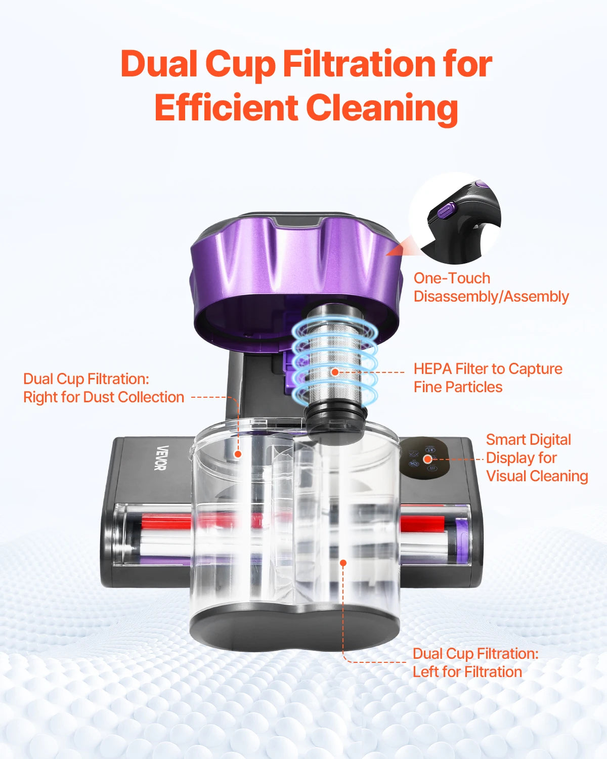 Vacuum cleaner with dual cup filtration system and HEPA filter on a white background